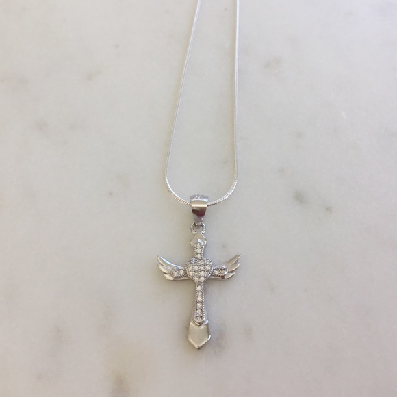 Sterling Silver Cz Cross with Angel Wings Necklace - Picture 7 of 16